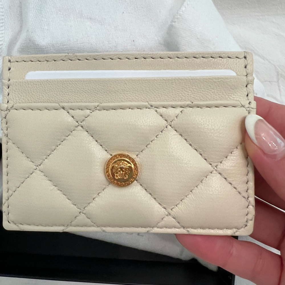 Versace Cream Quilted Leather Card Holder with Gold Medallion